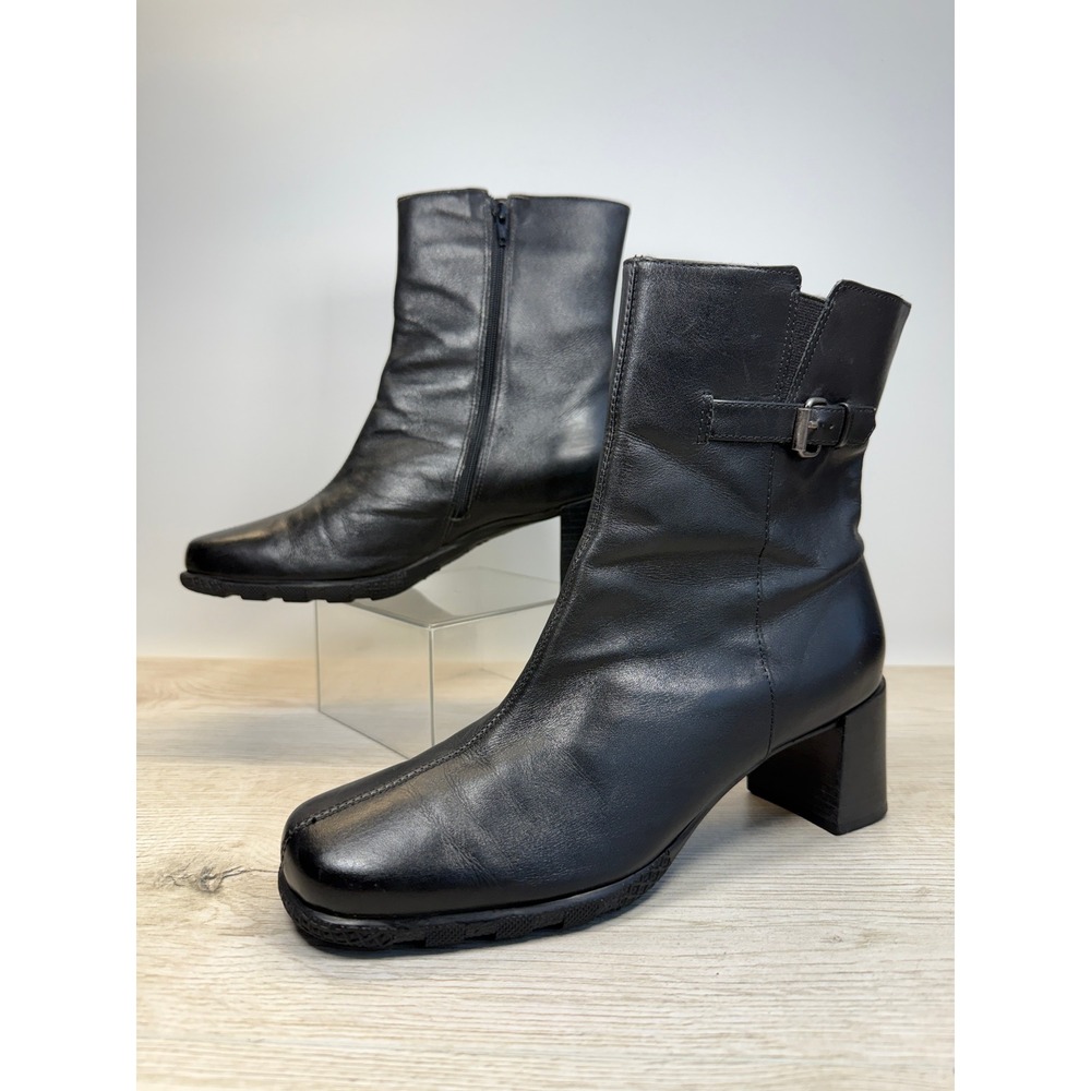 Y2K London Fog Womens 7.5 Ankle Boots NASH Black Leather Buckle Block Heel Zip
